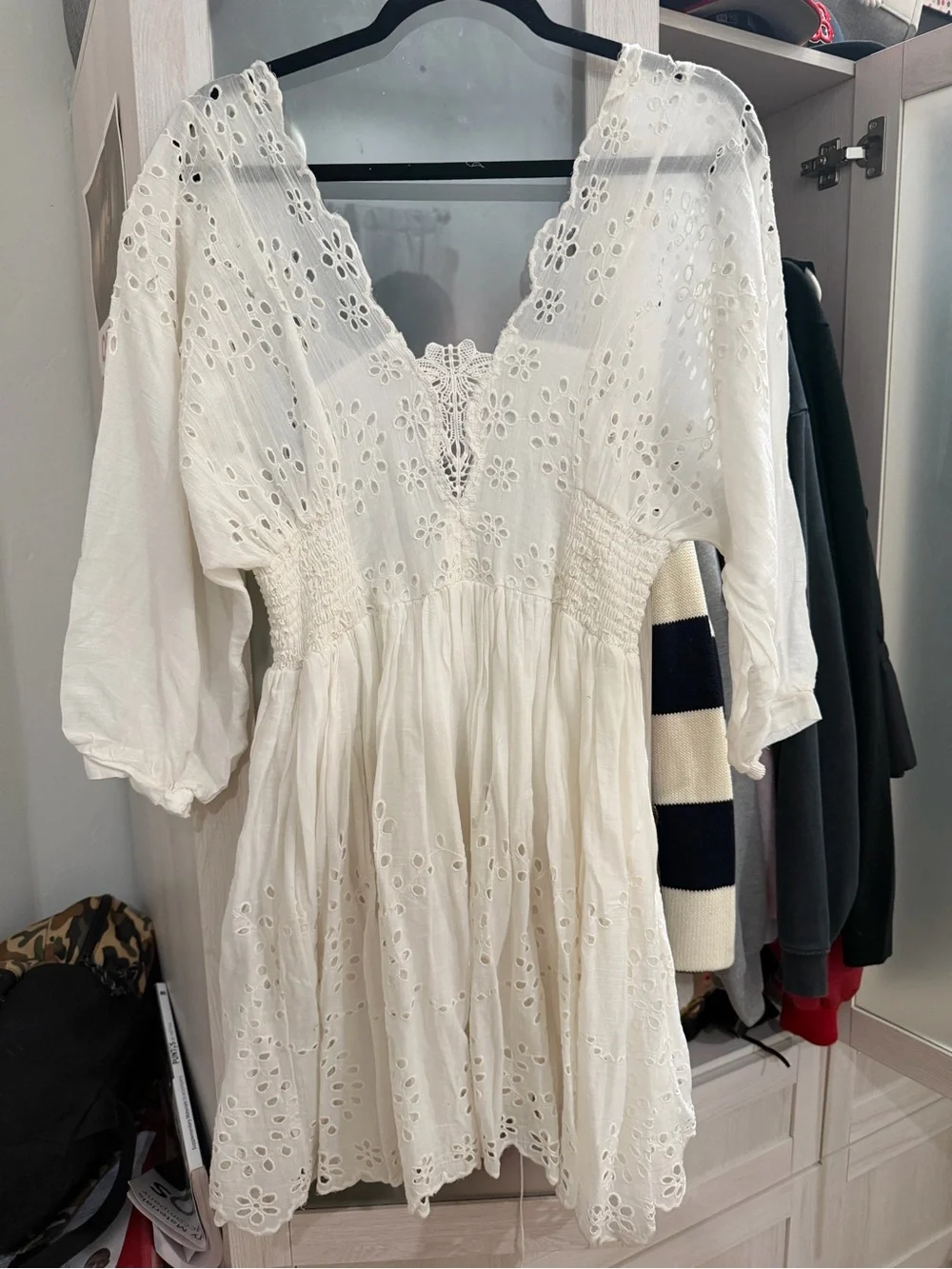 White Eyelet Cotton V-Neck Mini Dress